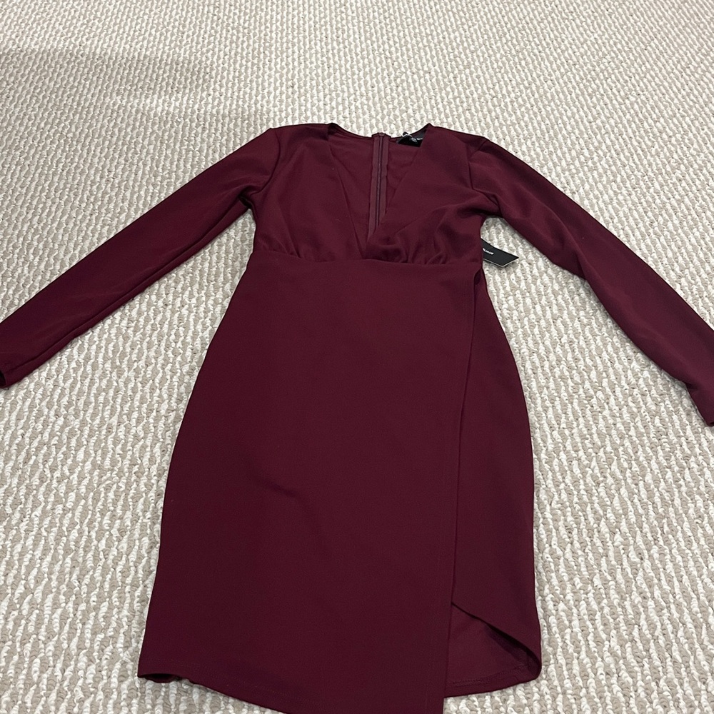Elegant Burgundy Long Sleeve Deep V Dress